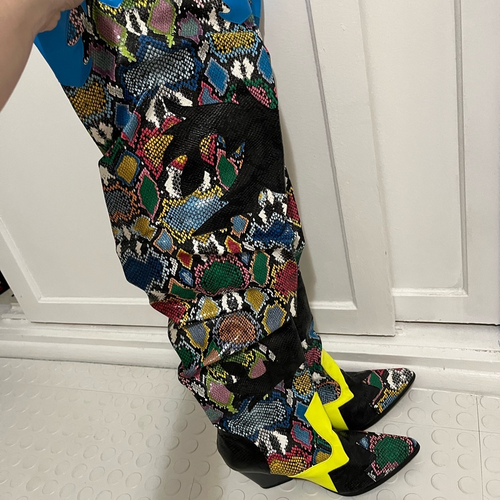 Cape Robbin colorful snakeskin thigh high boots